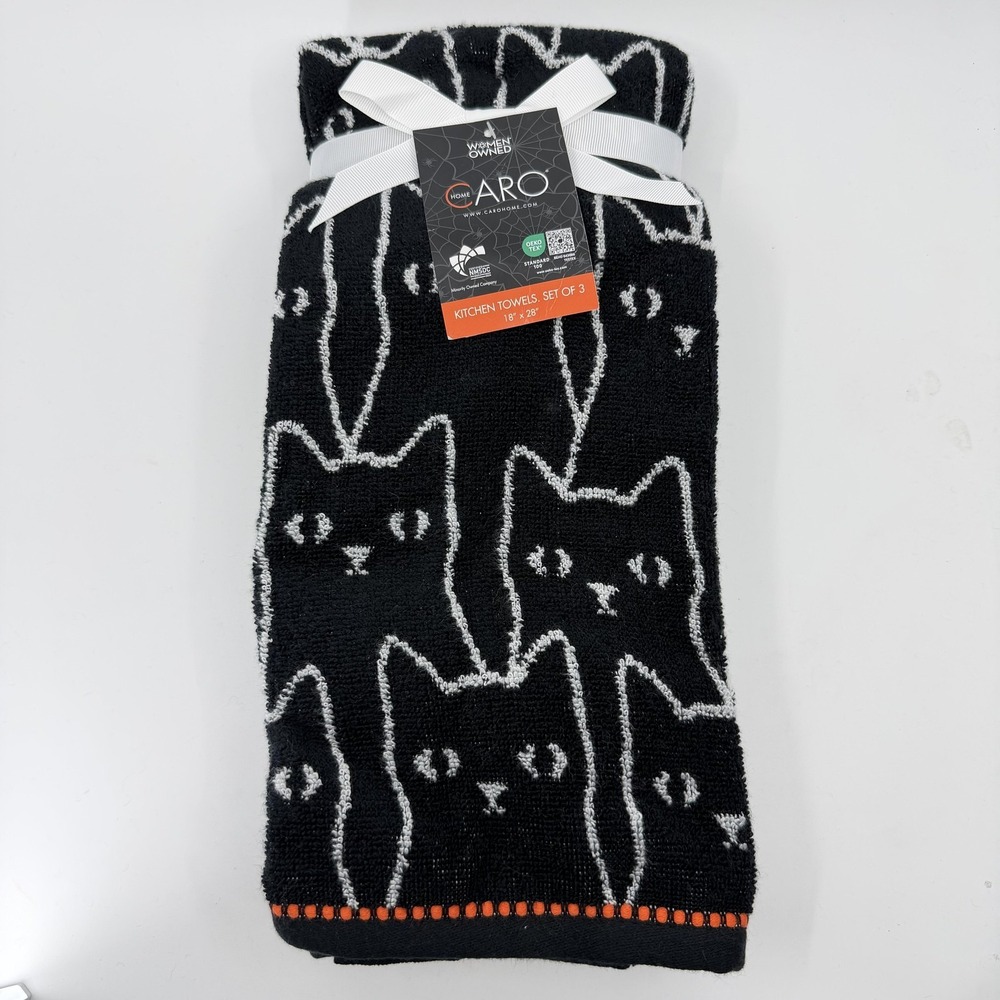 Caro Home Halloween Kitchen Towels Set of 3 18x28 Black Cat Pattern